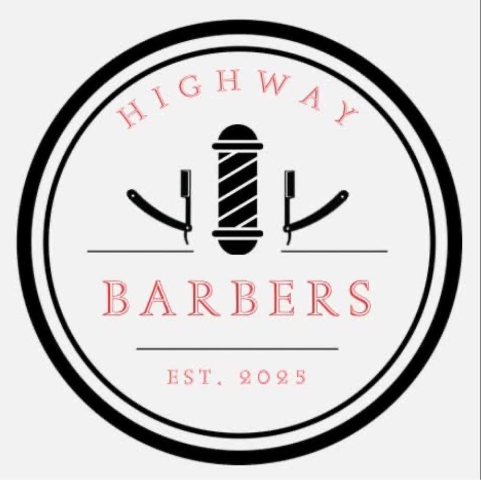 Highway Barbers logo: a circular badge with a barber pole and two open razors, established 2025.